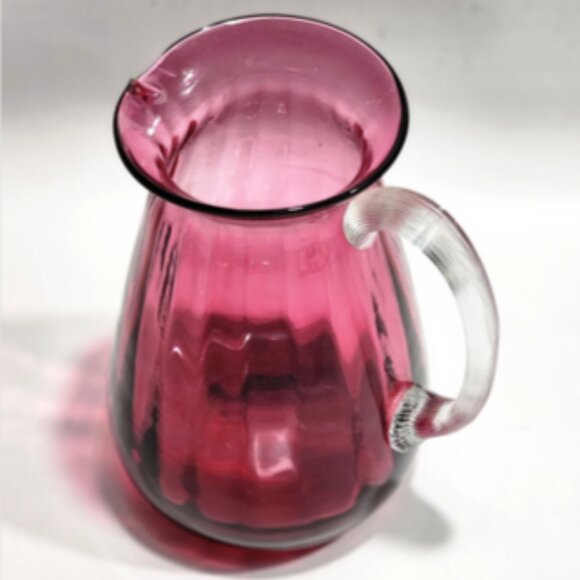 Hand-Blown Pilgrim Cranberry Style Glass Int Optic Ribbed 7" Pitcher Jug Vase - Picture 7 of 11
